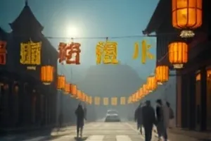 夜班渡轮甲板与远处灯火的画面