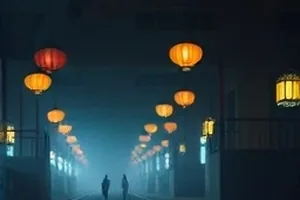 公交站台积水倒映路灯的雨夜画面