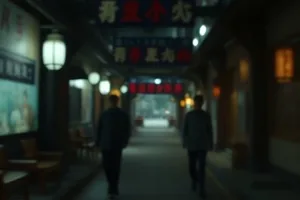 深夜售货亭灯箱与路面积水的画面